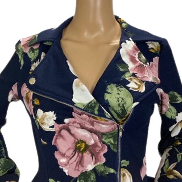 HAVE Navy Floral Stretch Blazer with Asymmetrical Zip - Picture 2 of 6